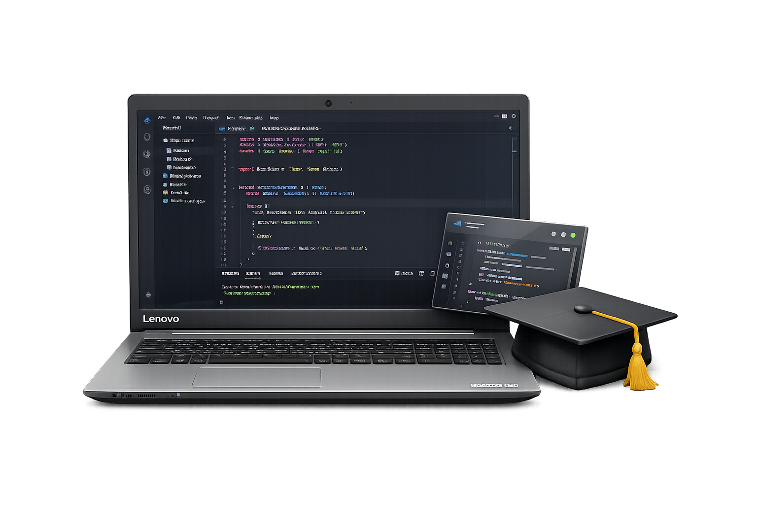 لپ‌تاپ برنامه‌نویسی با محیط VS Code و کلاه فارغ‌التحصیلی
